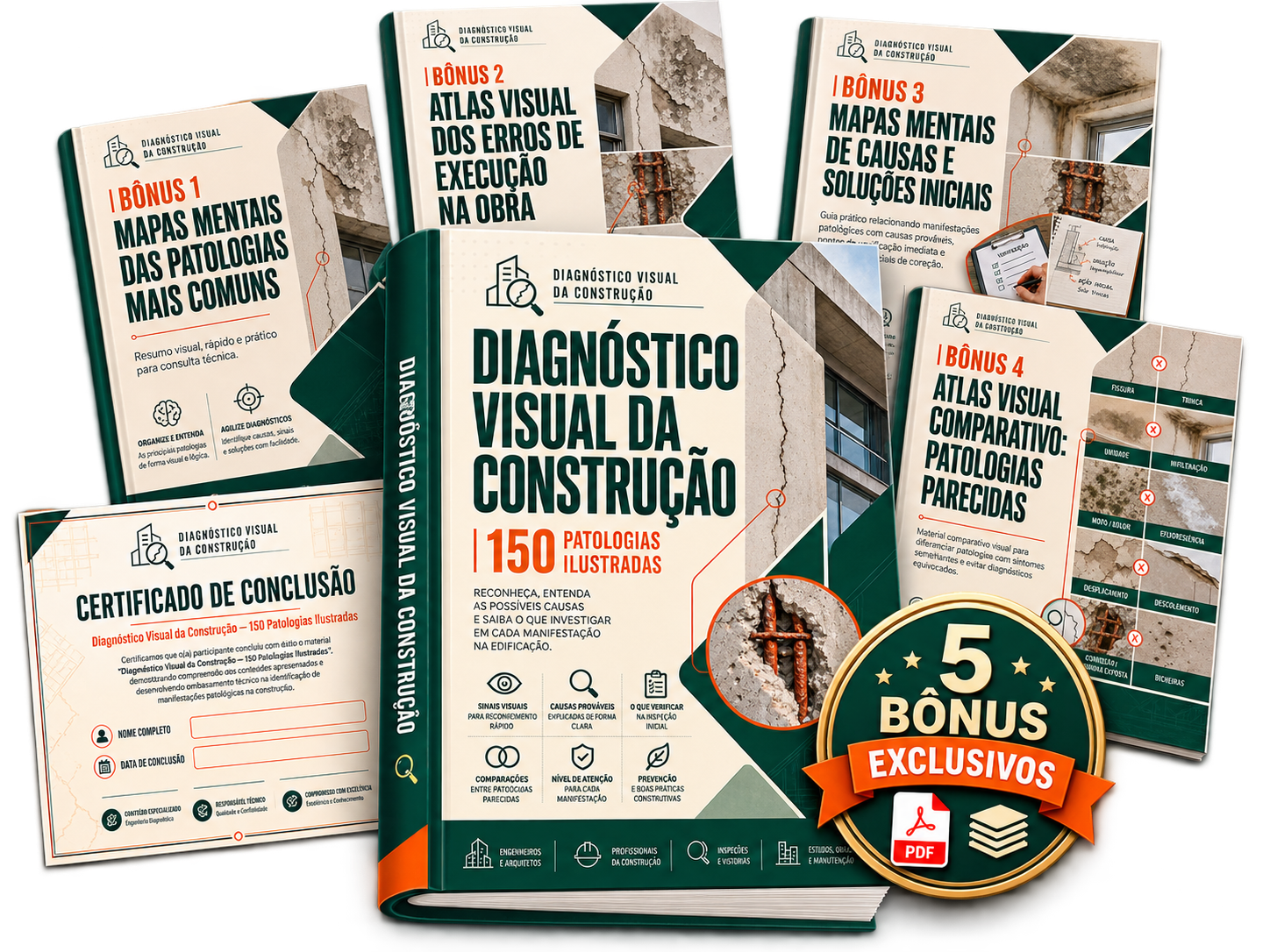 Mockup completo do Diagnóstico Visual da Construção — 150 Patologias Ilustradas